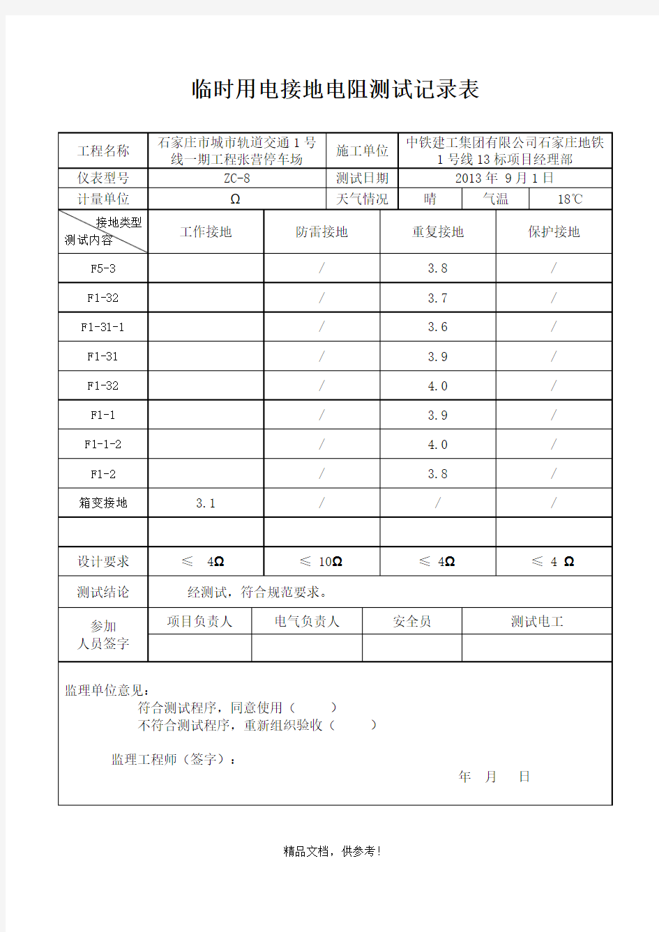 临时用电接地电阻测试记录表