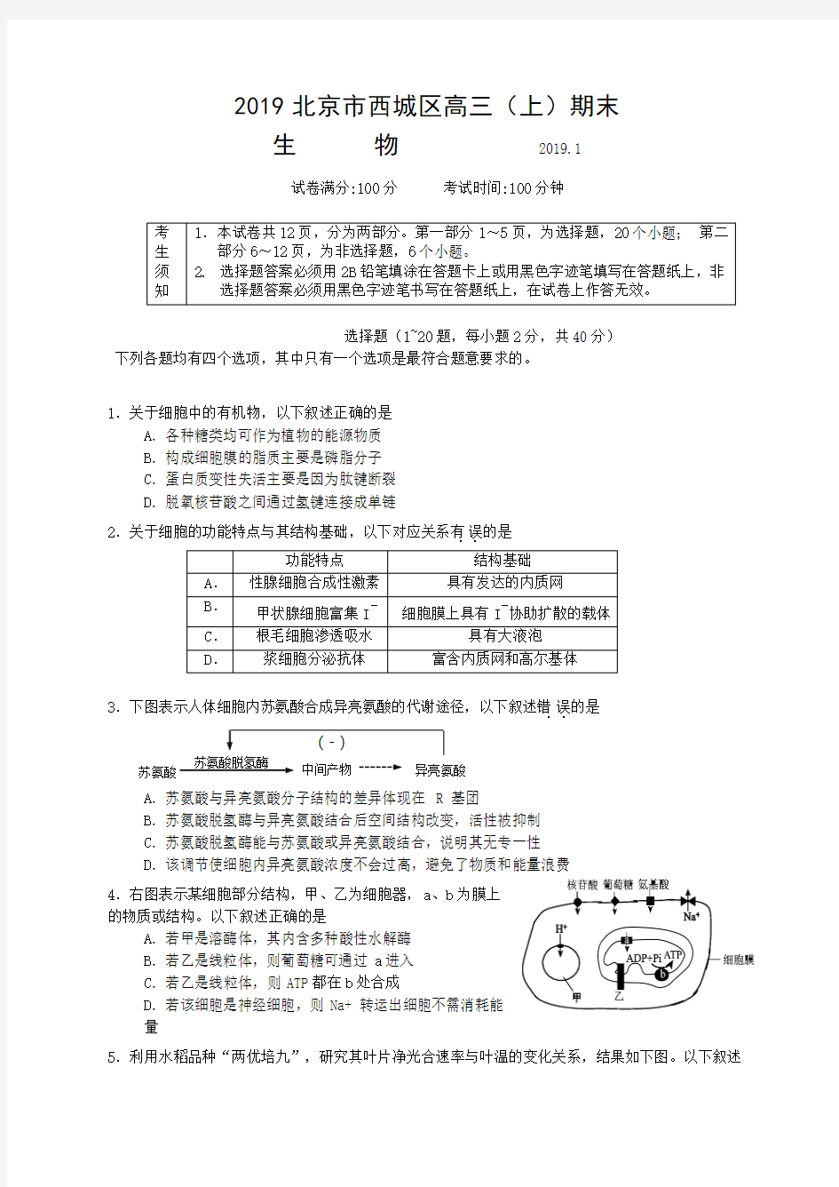 (完整word版)北京市西城区2018-2019学年高三期末生物试题及参考答案