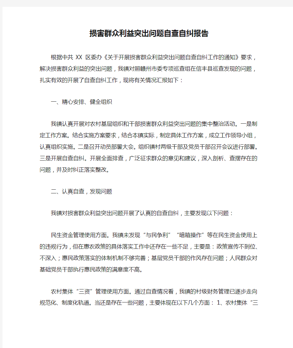 损害群众利益突出问题自查自纠报告