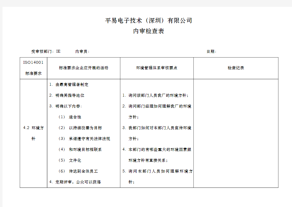 某公司各部门内审检查表