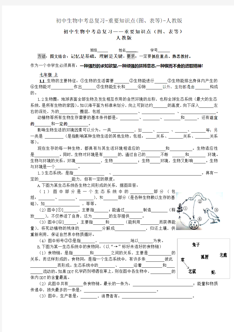 初中生物中考总复习-重要知识点(图、表等)-人教版