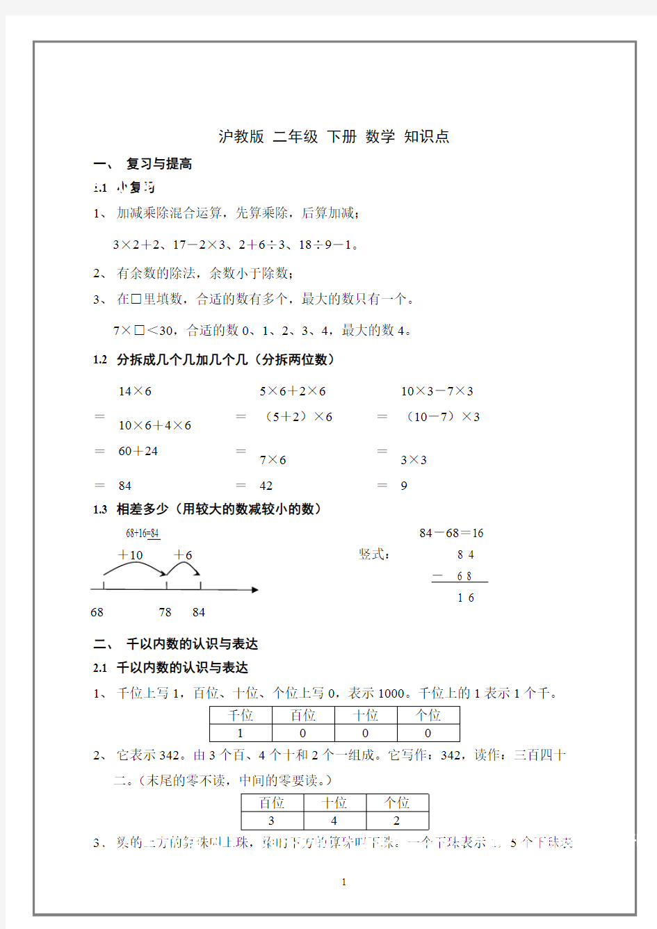 (完整版)沪教版二年级下册数学知识点,推荐文档