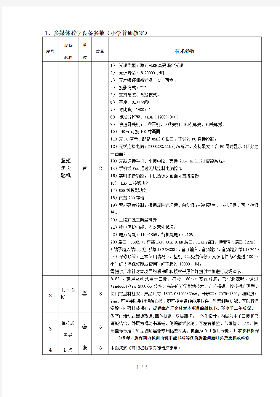 1多媒体教学设备参数小学普通教室