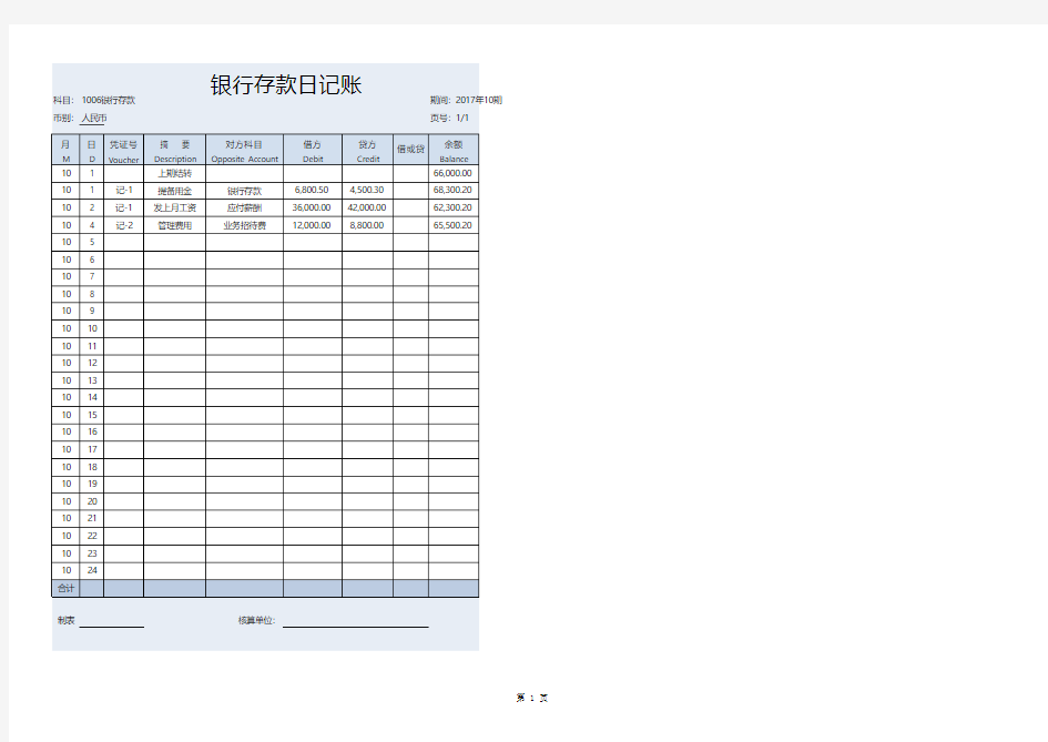 银行存款日记账Excel模板