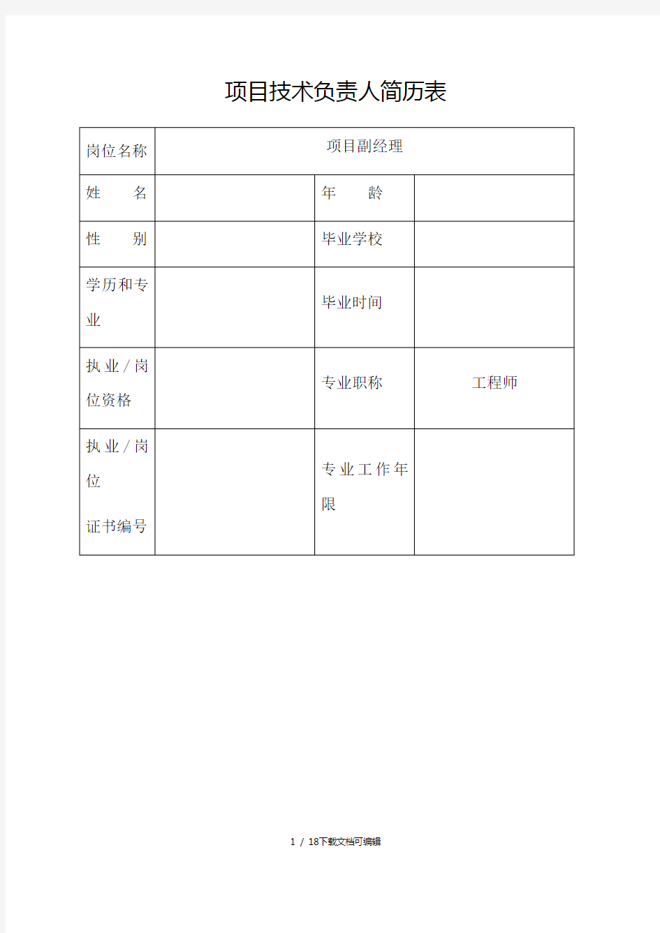 项目主要管理人员简历表及工作职责