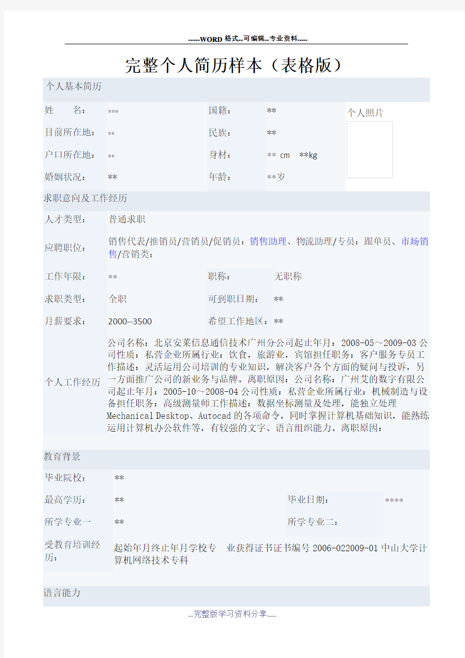 完整个人简历样本(表格版)