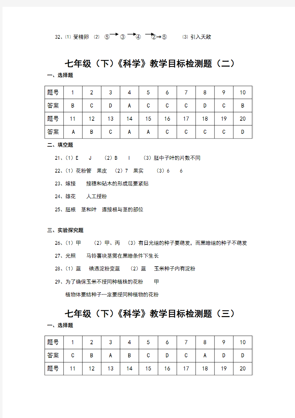 七年级下科学试卷答案