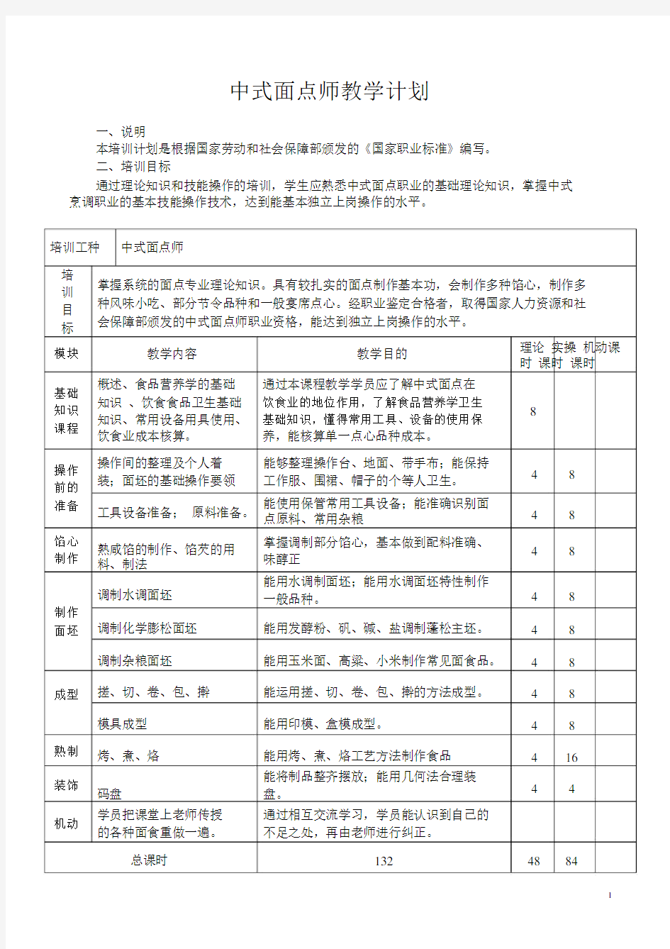 中式面点师教学计划