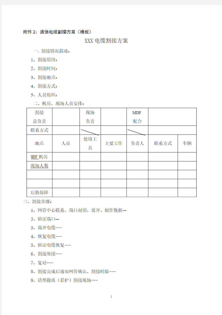 通信电缆割接方案(模板)