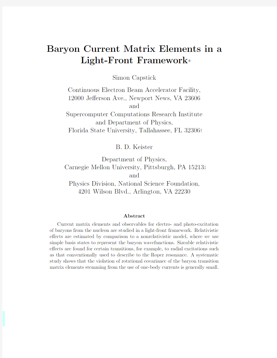 Baryon Current Matrix Elements in a Light-Front Framework