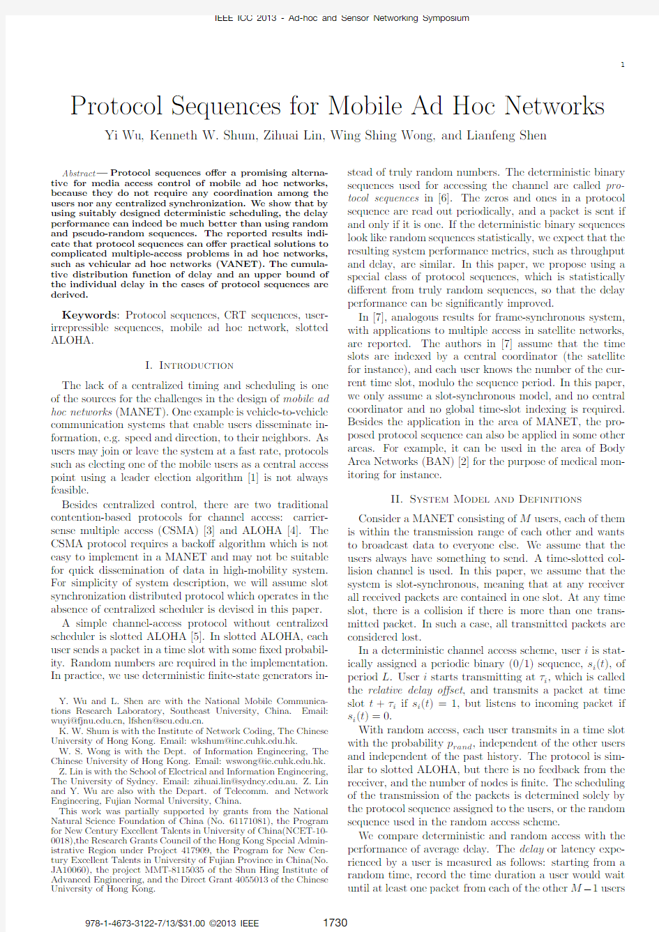 Protocol Sequences for Mobile Ad Hoc Networks