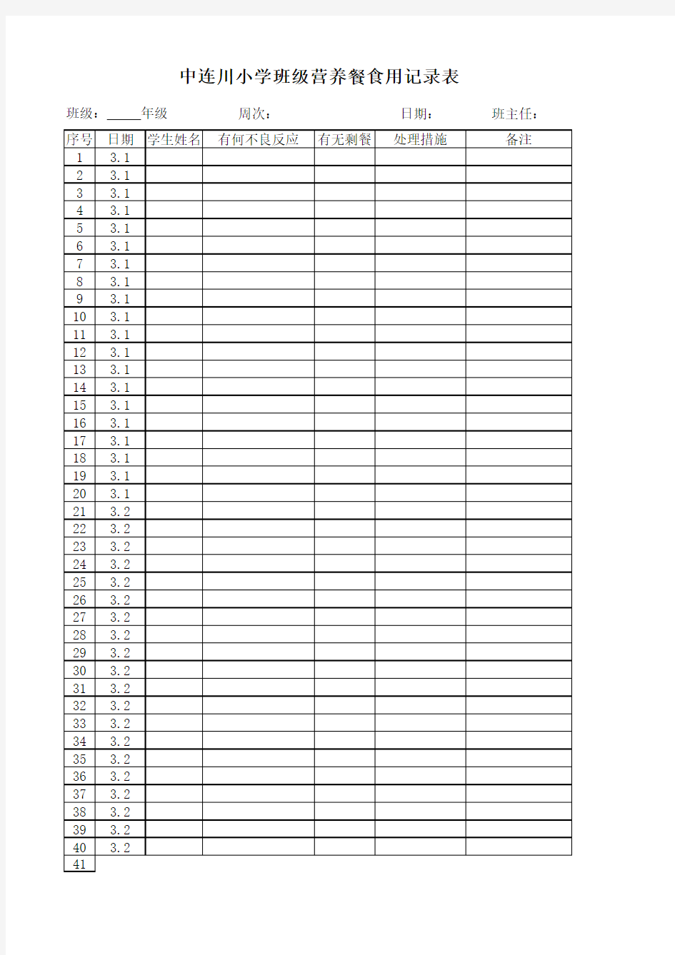 班级学生营养餐食用记录表
