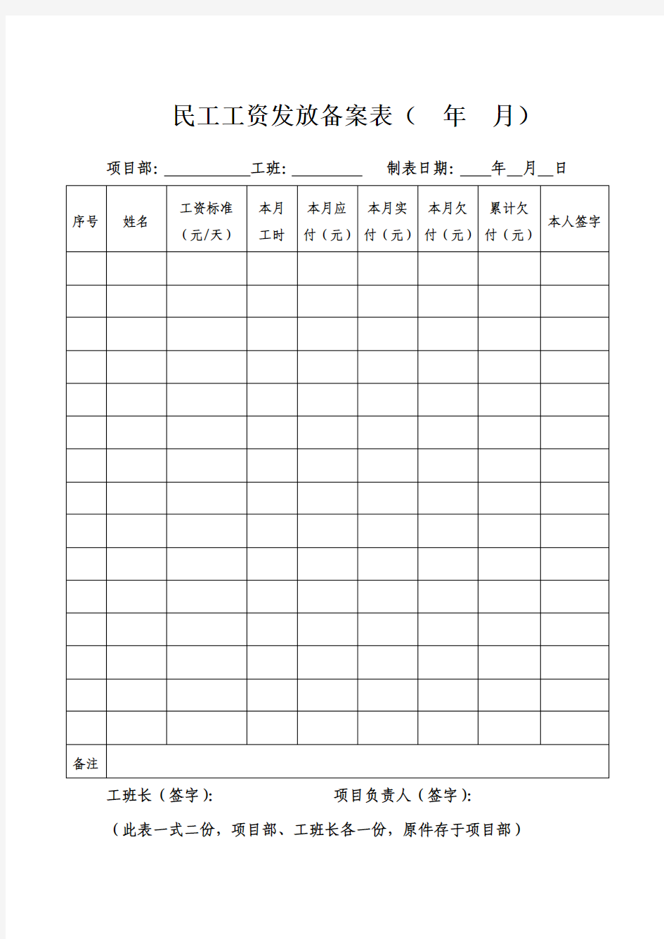 民工工资发放备案表(  年  月)