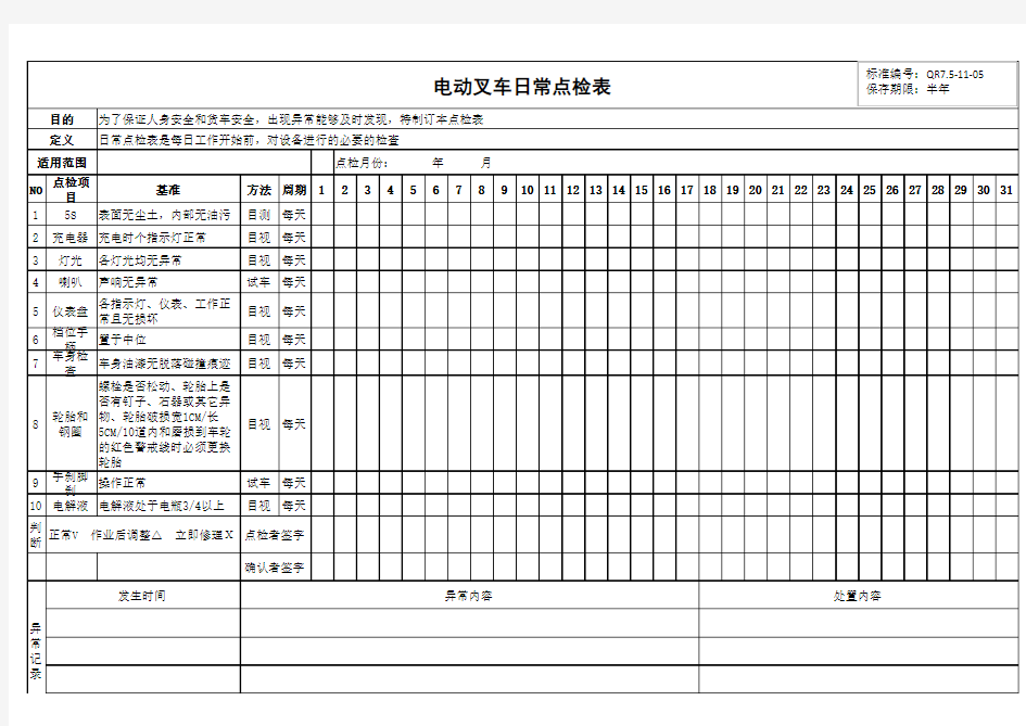 电动叉车日常点检表