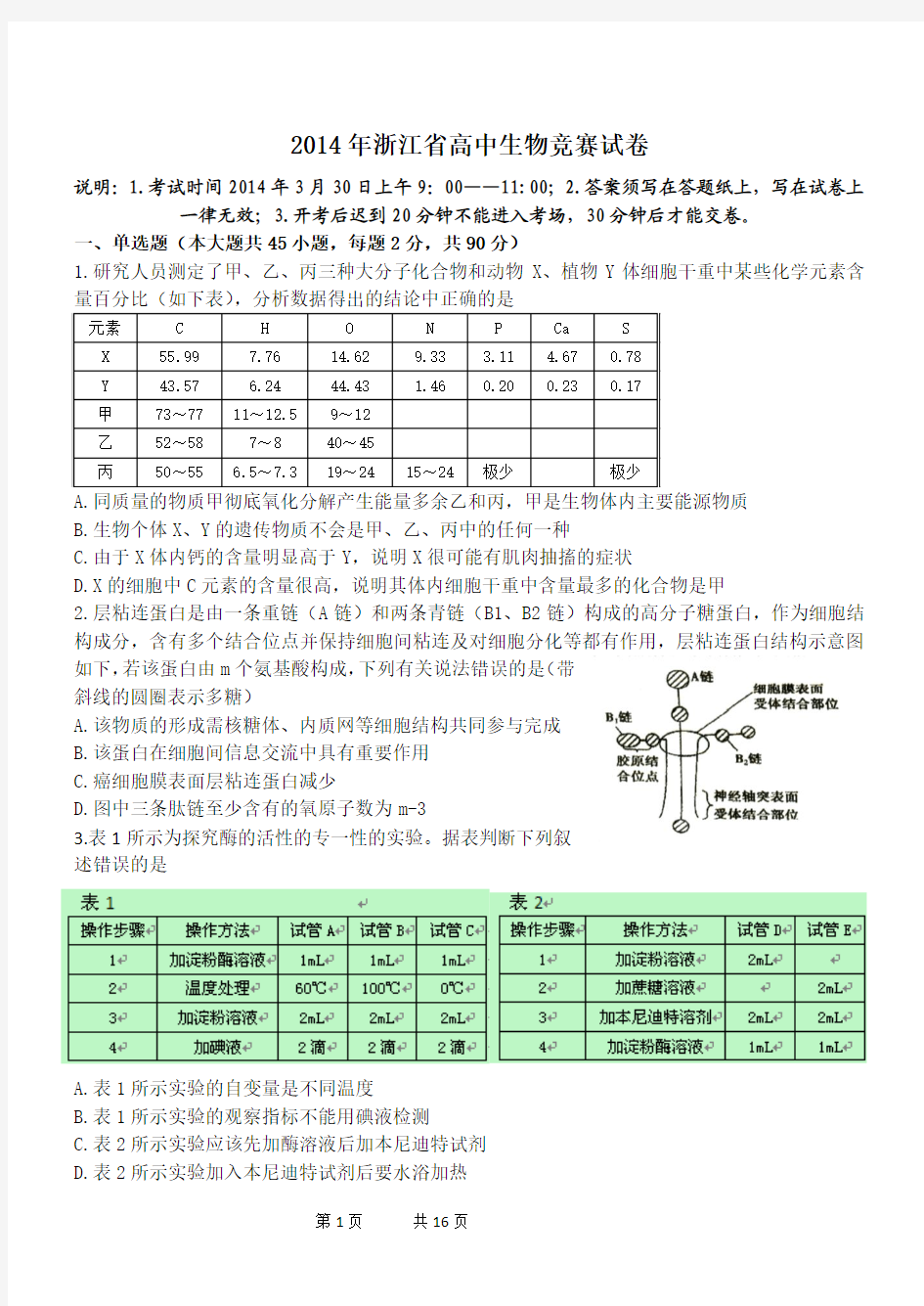 2014年浙江省高中生物竞赛试卷word版本超清晰版