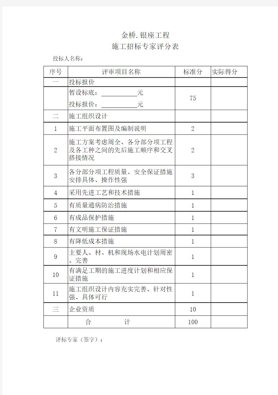 施工招标评分表