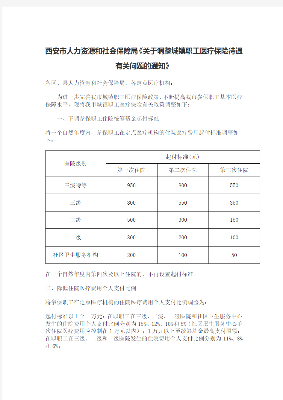 西安市人力资源和社会保障局《关于调整城镇职工医疗保险待遇有关问题的通知》