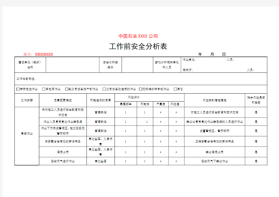 工作前安全分析表(高处作业)