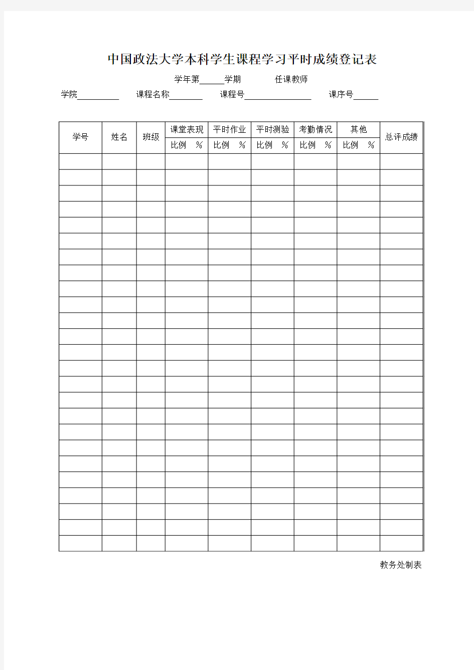 中国政法大学本科学生课程学习平时成绩登记表