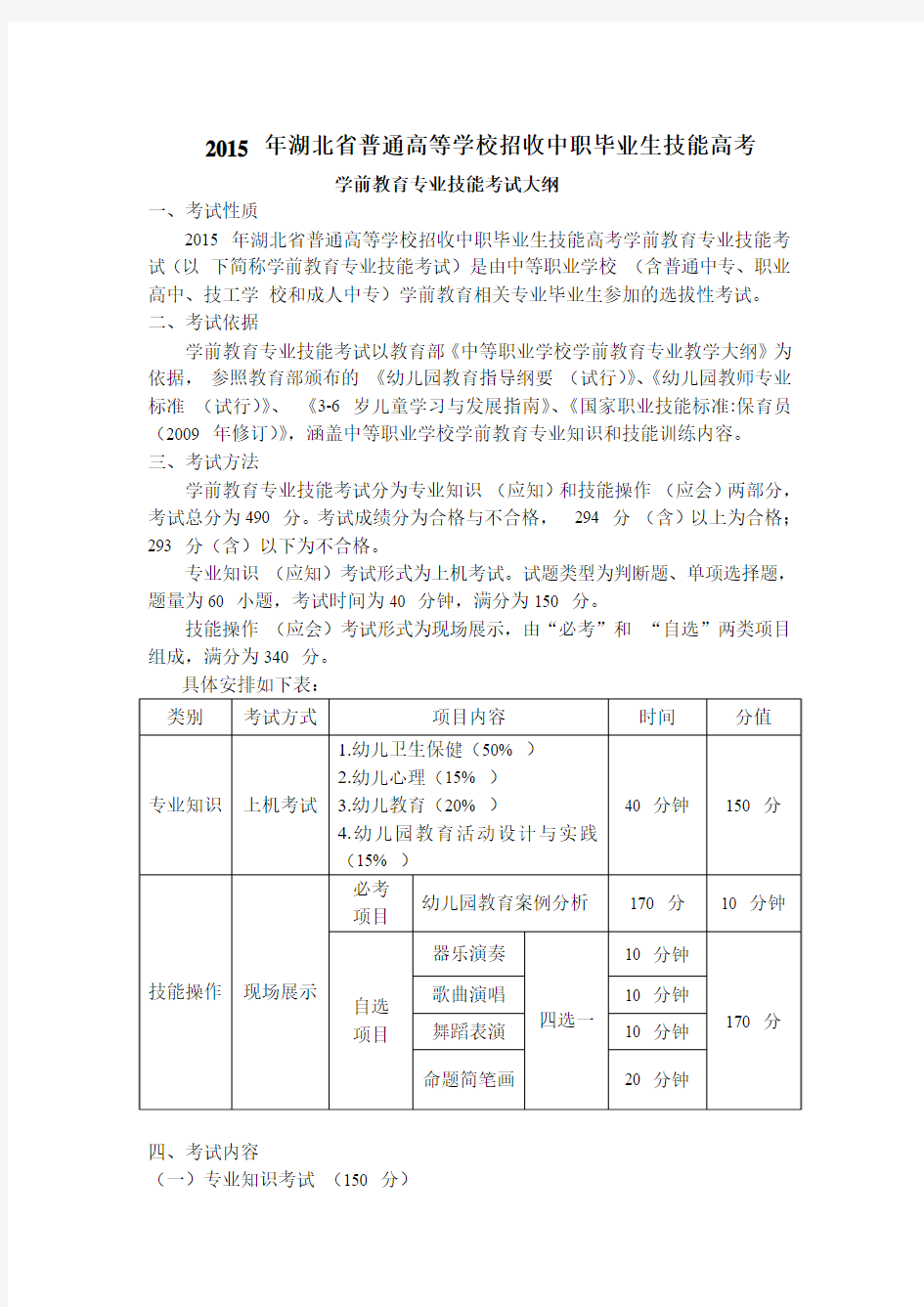 2015 年湖北省普通高等学校招收中职毕业生技能高考学前教育专业技能考试大纲