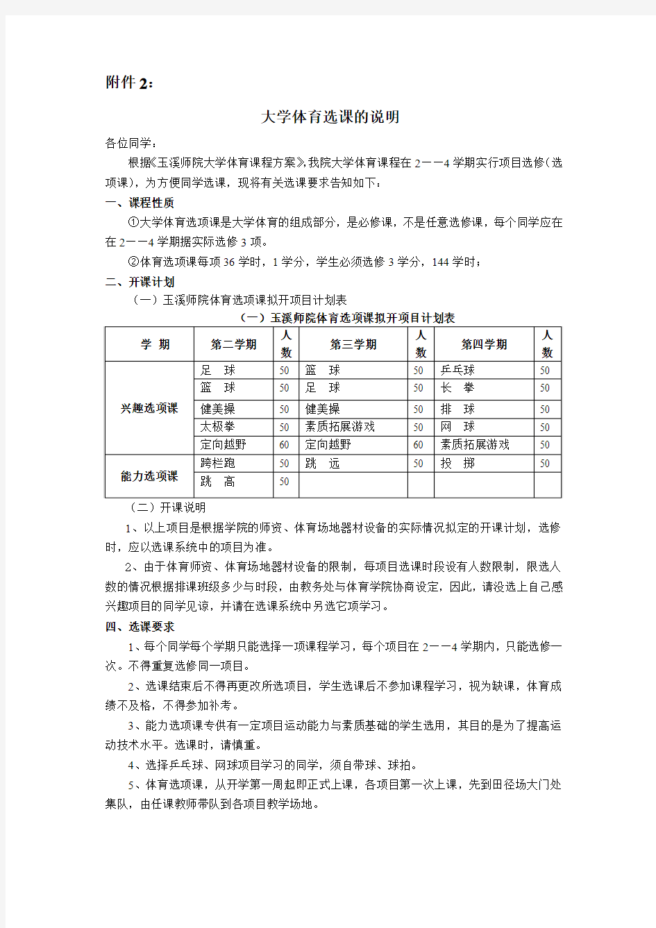 大学体育选课的说明