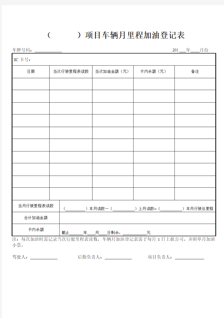 车辆月里程加油登记表