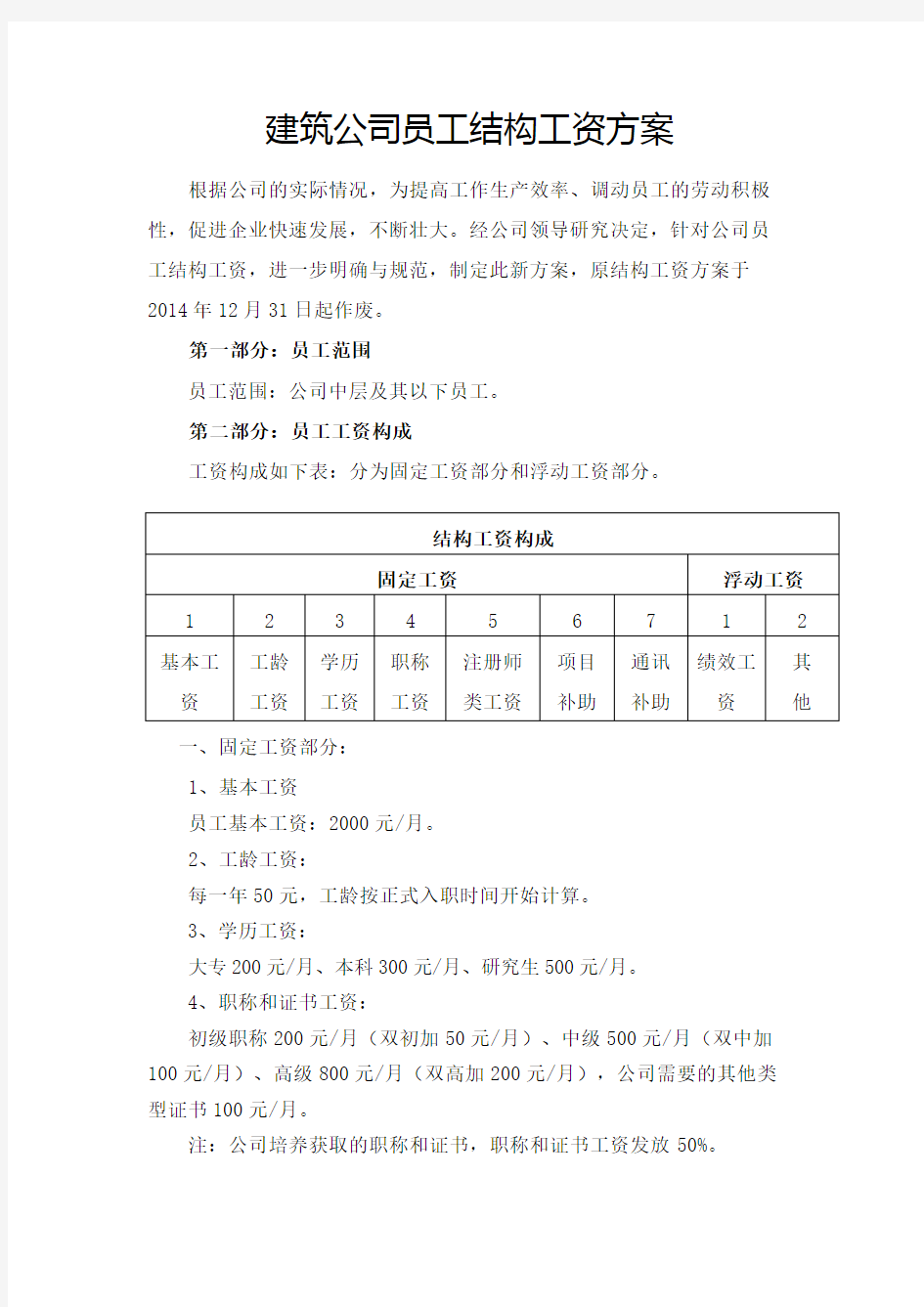 建筑公司员工结构工资方案