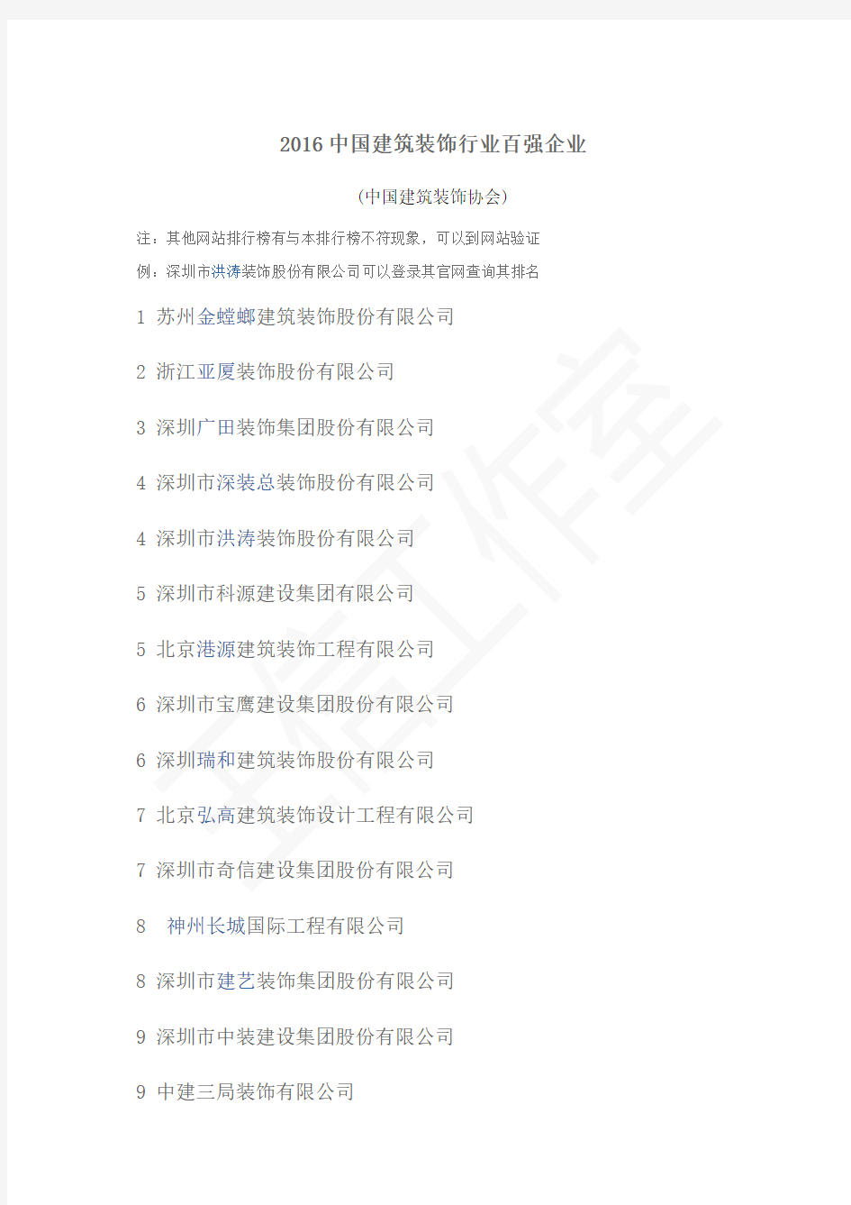 2016中国建筑装饰百强企业