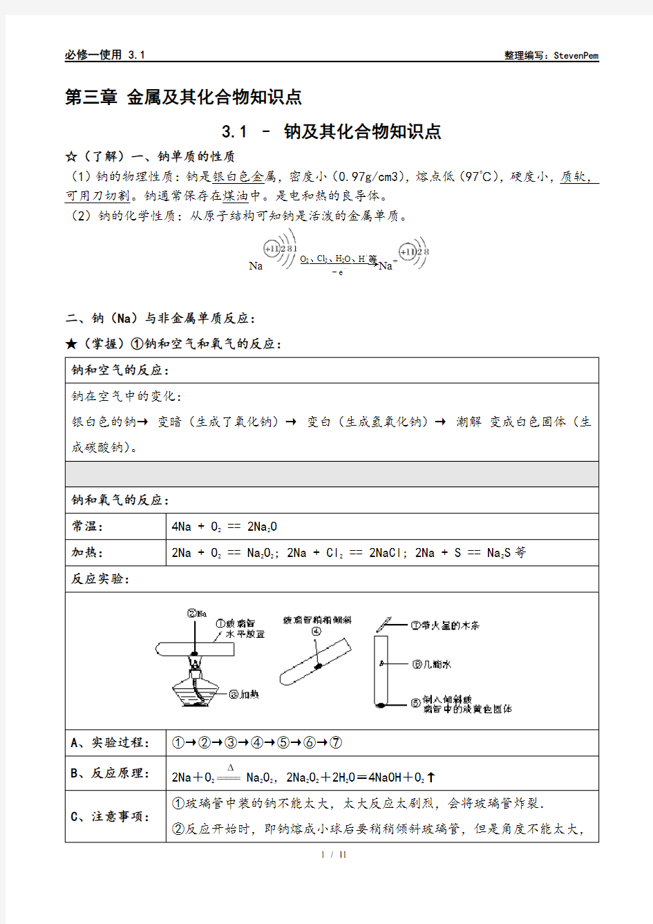 化学必修一第三章钠及其化合物知识点