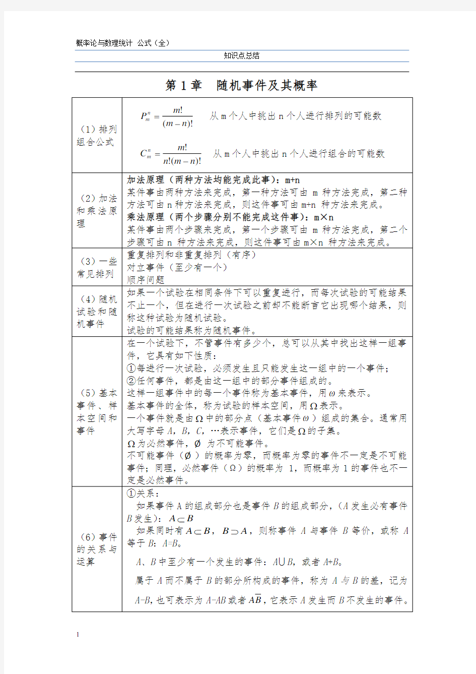 (浙大第四版)概率论与数理统计知识点总结