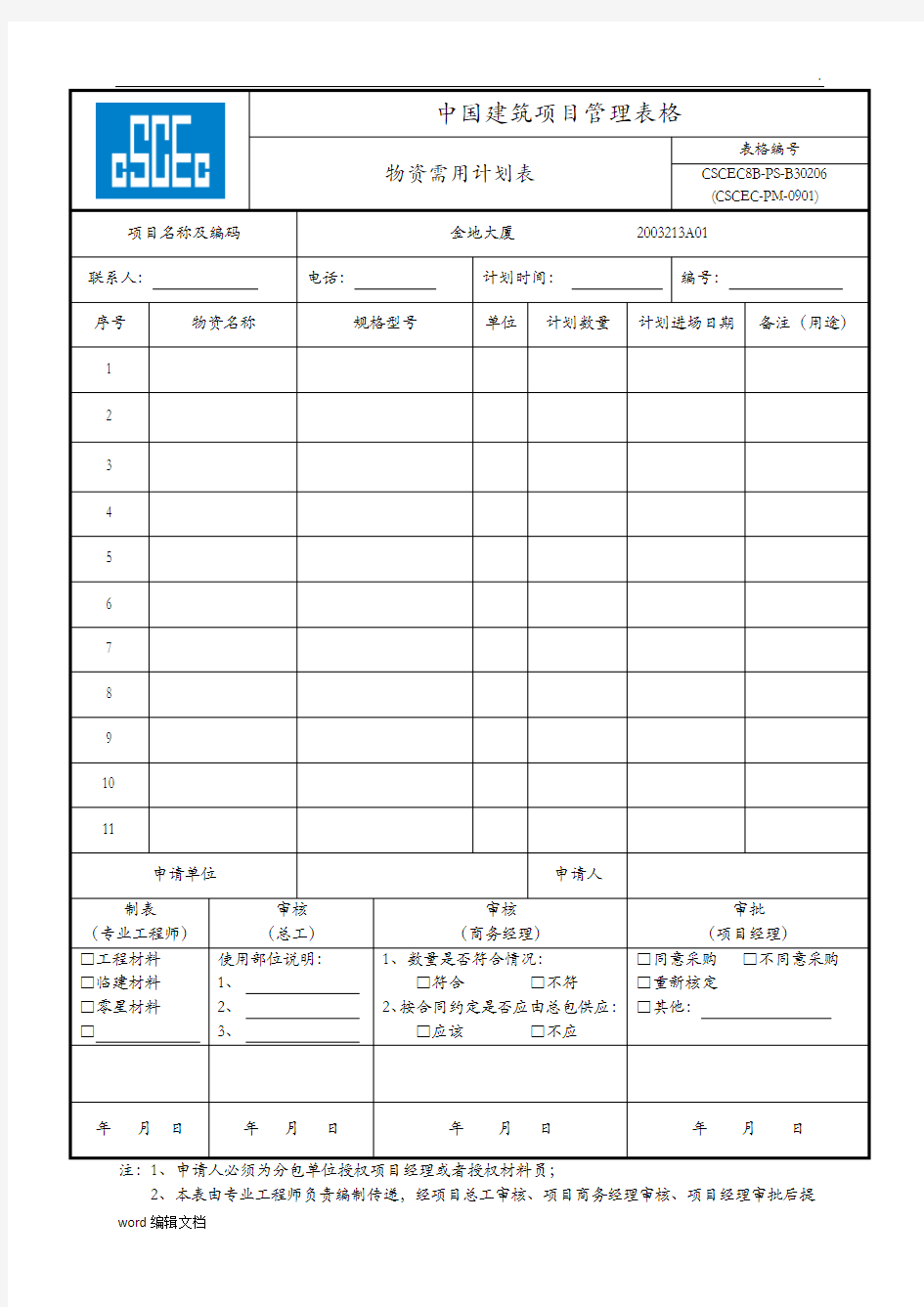 物资采购计划表-格式