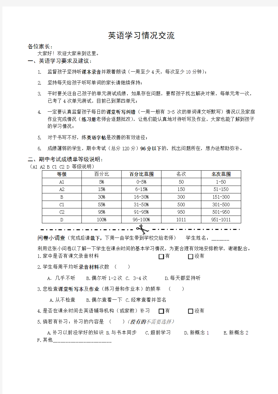 家长会 英语学习情况交流