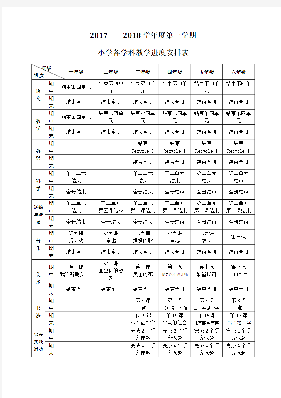 小学各学科教学进度安排表