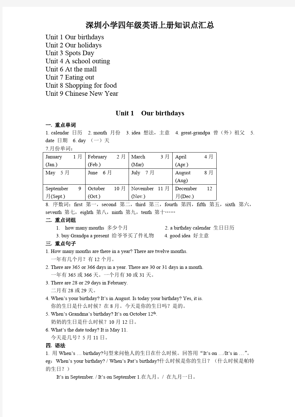 (完整版)深圳朗文版小学四年级英语上册知识点汇总,推荐文档