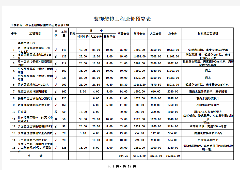 大型装饰装修工程造价预算表