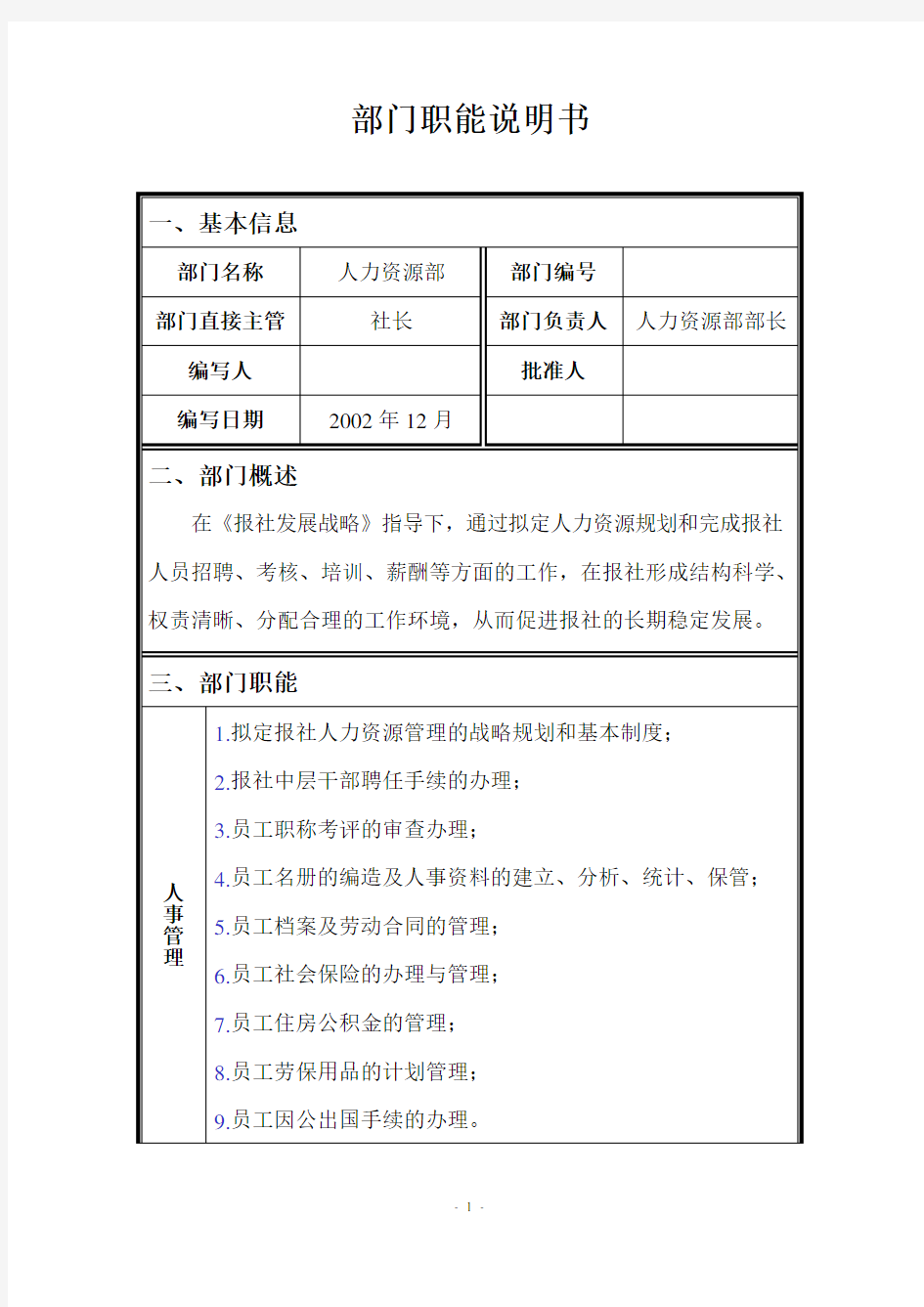 部门职能说明书(表格)——人力资源部03