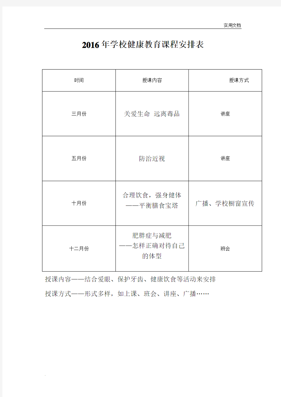 健康教育课程安排表