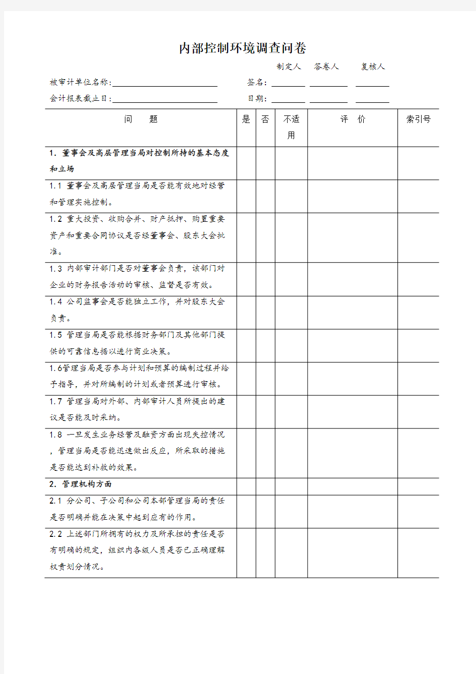 内控制度调查表