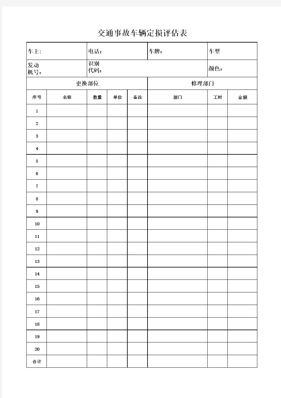 交通事故车辆定损评估表