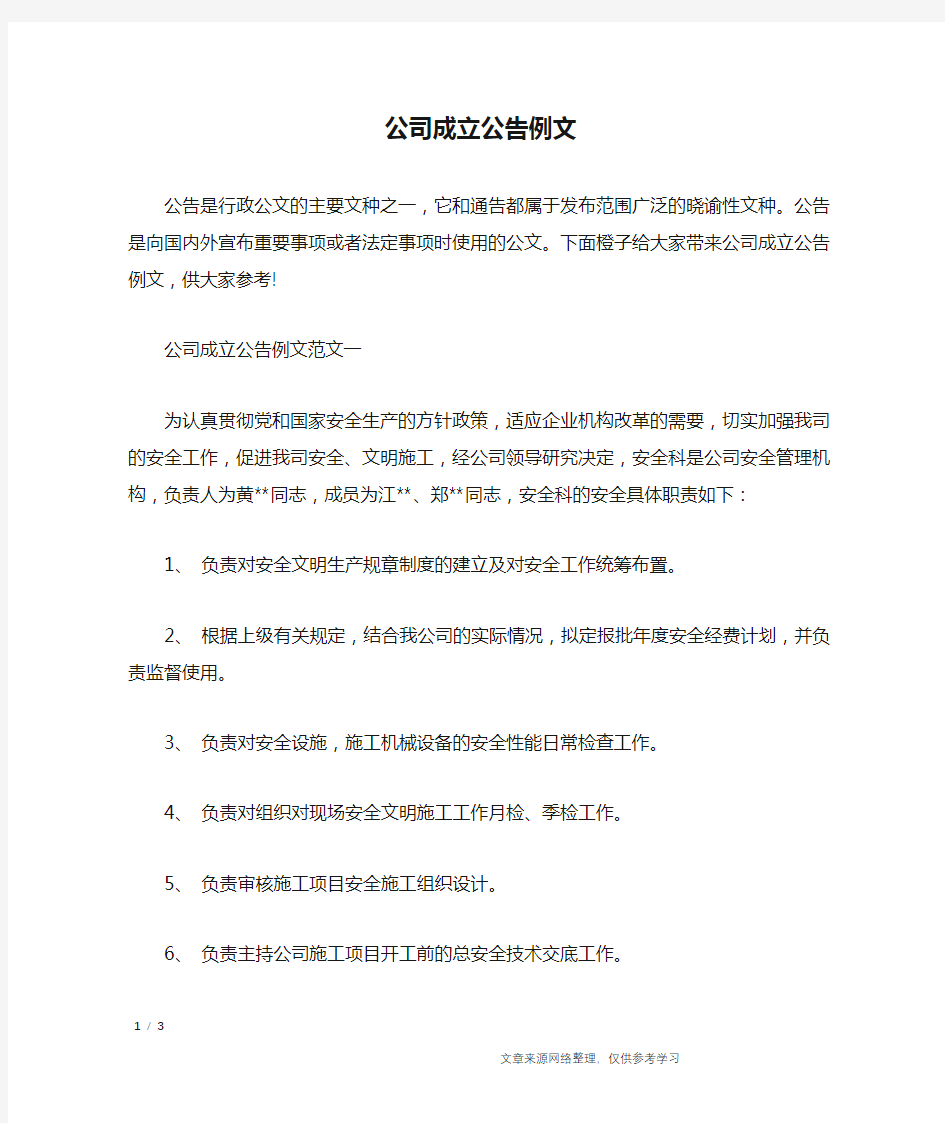 公司成立公告例文_行政公文