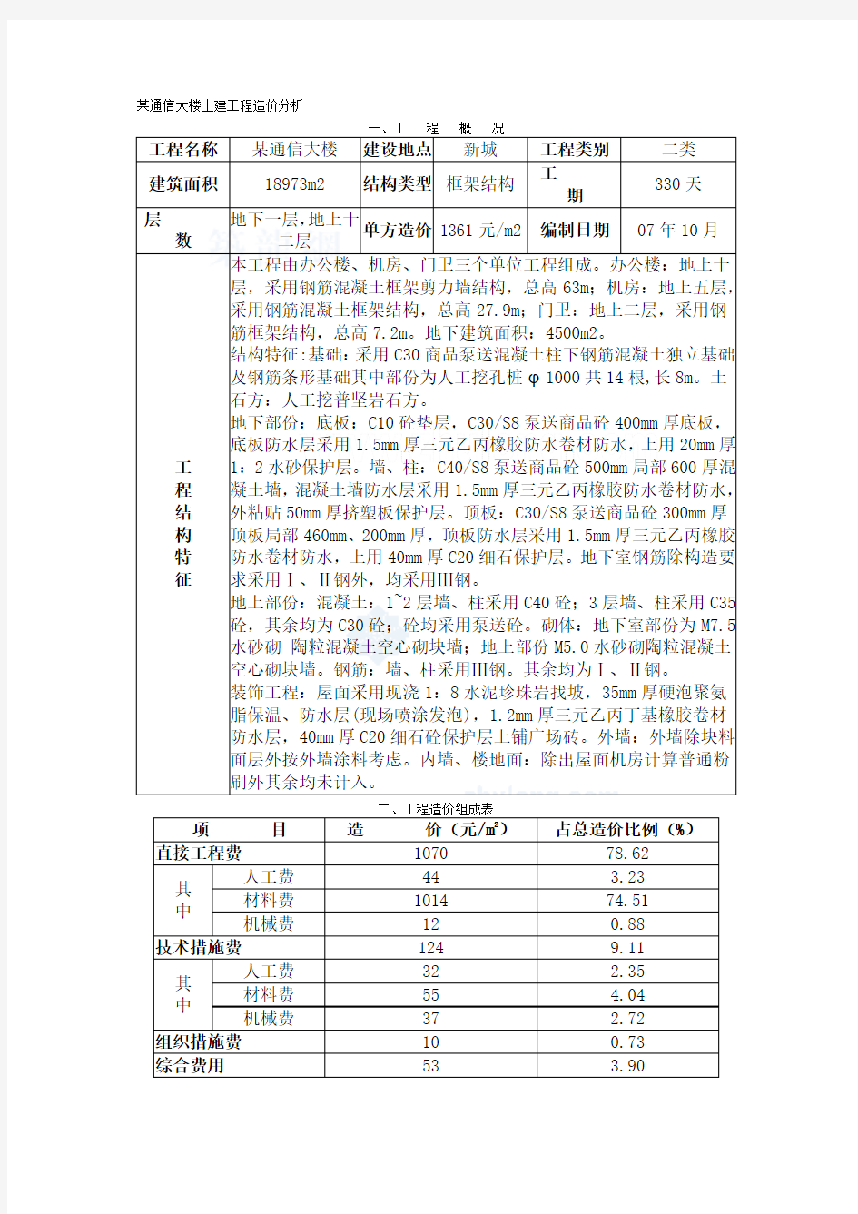 浙江某通信大楼土建工程造价分析(200712)