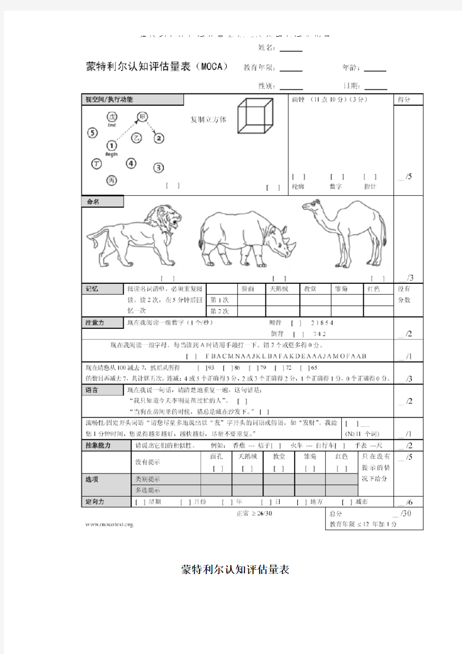 蒙特利尔认知评估量表(MoCA)使用与评分指导