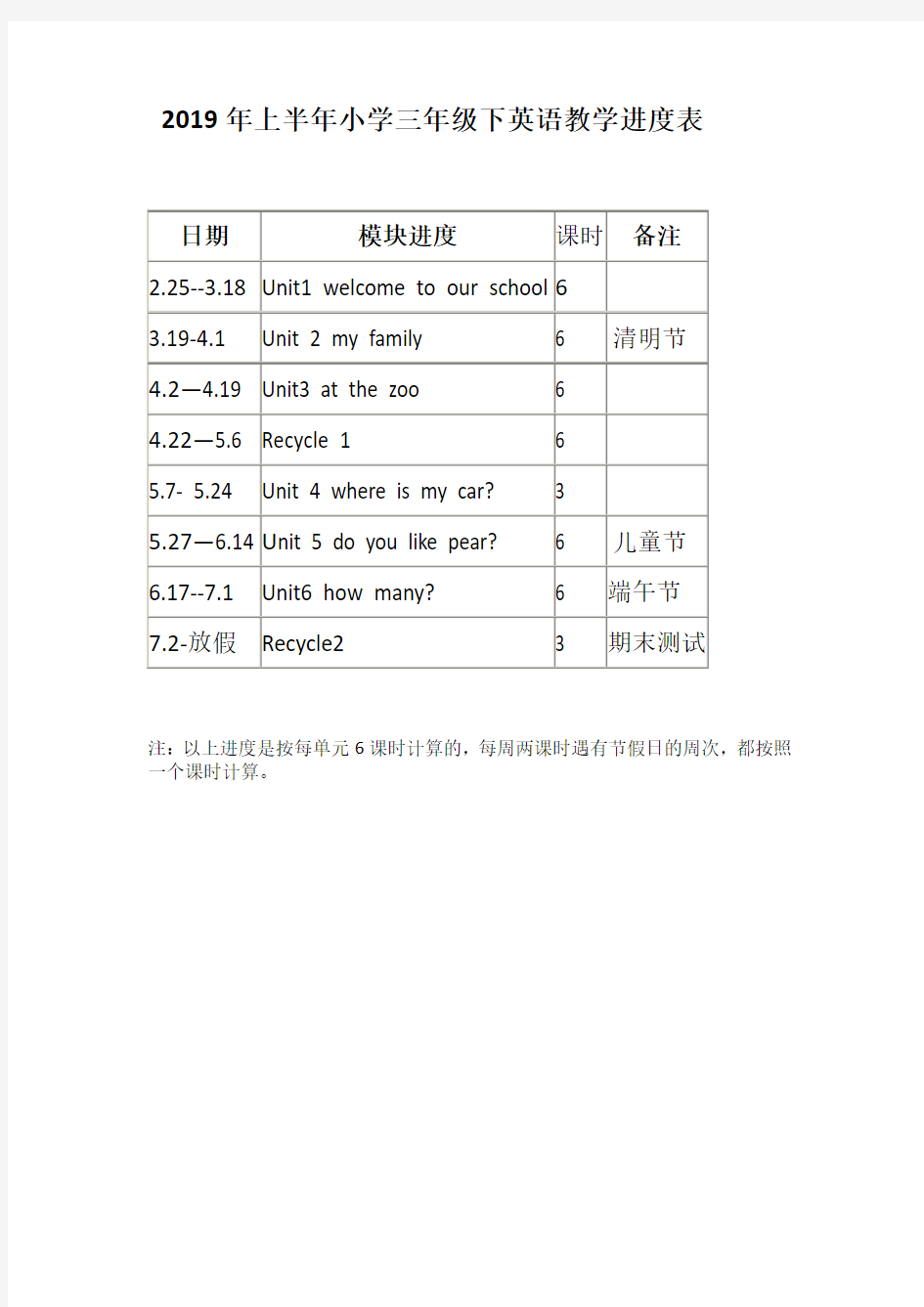 2018年上半年小学英语教学进度表