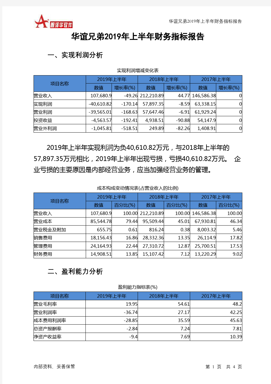 华谊兄弟2019年上半年财务指标报告