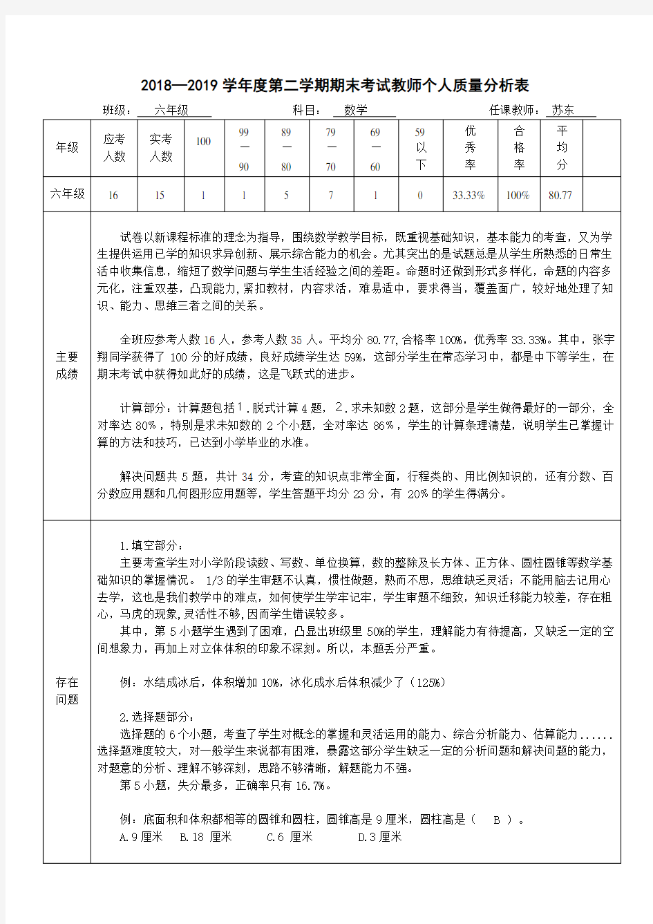 六年级数学教师质量分析表