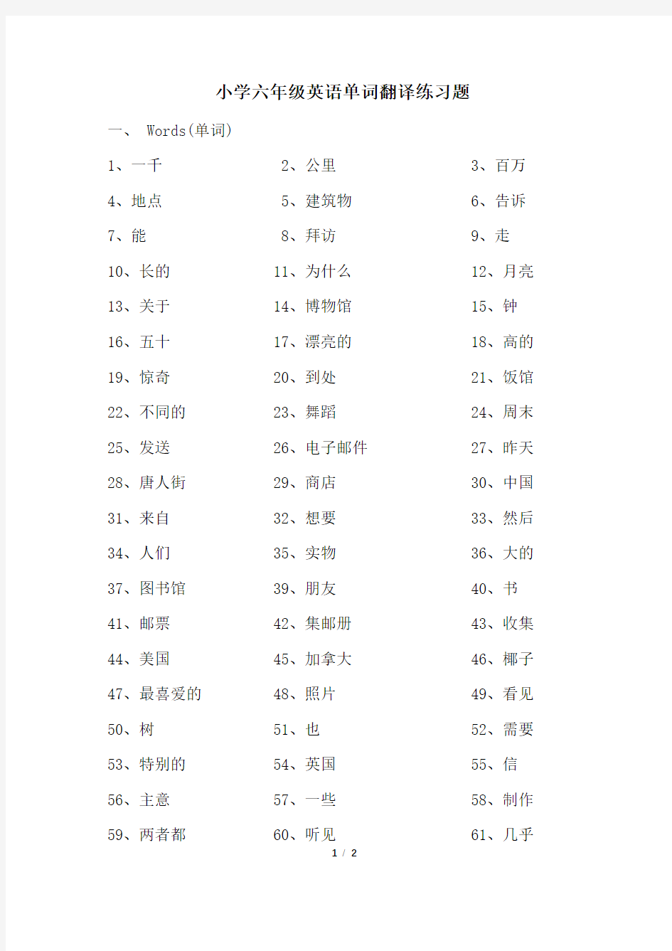 小学六年级英语单词翻译练习题