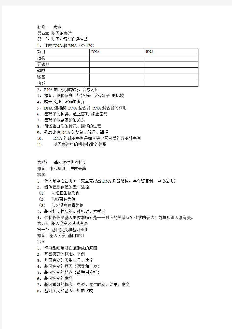 2019年高考生物核心考点复习梳理