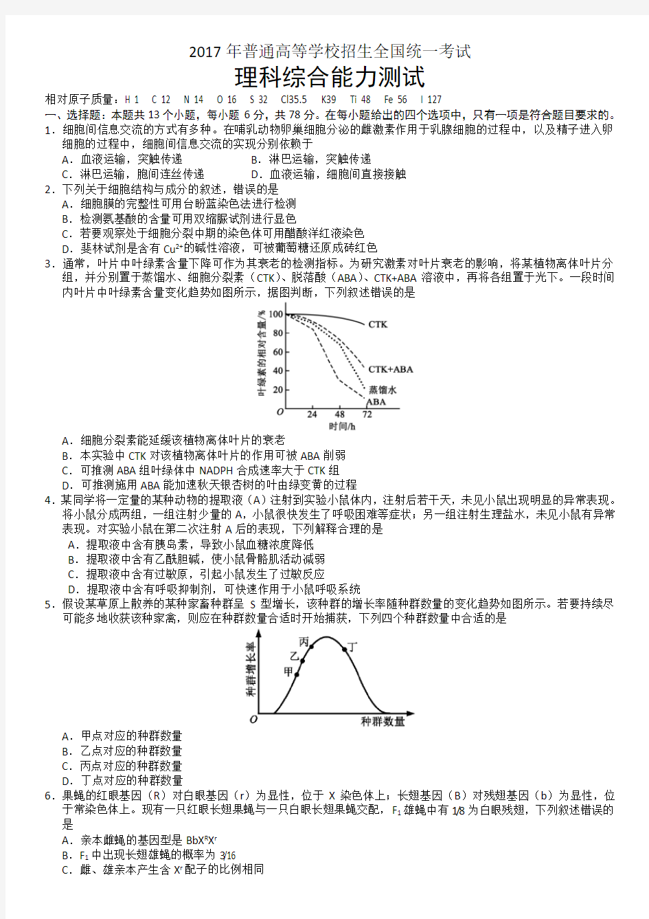 2017年全国卷1高考理综试题及解析