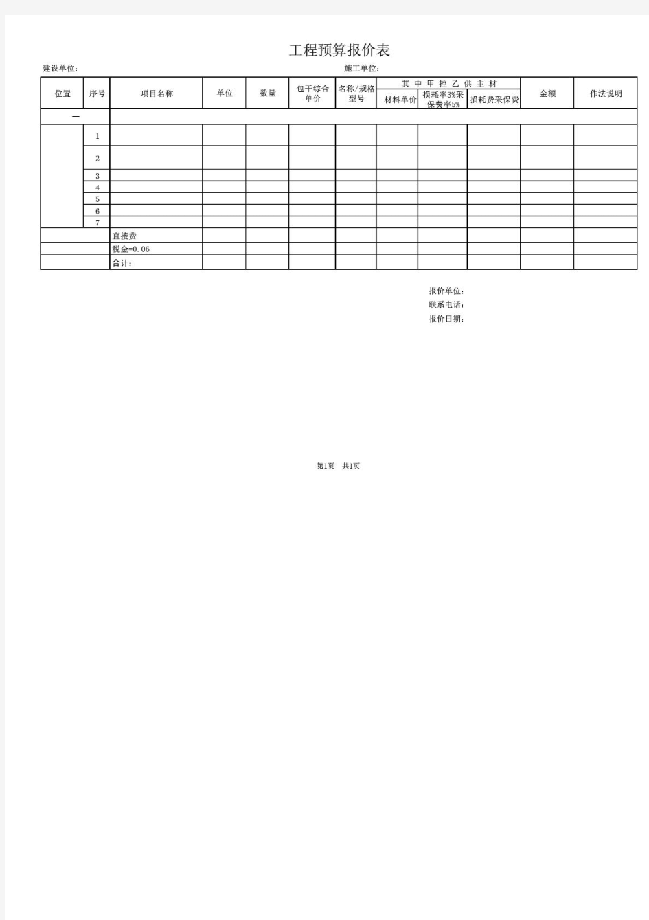 标准工程预算报价表格式