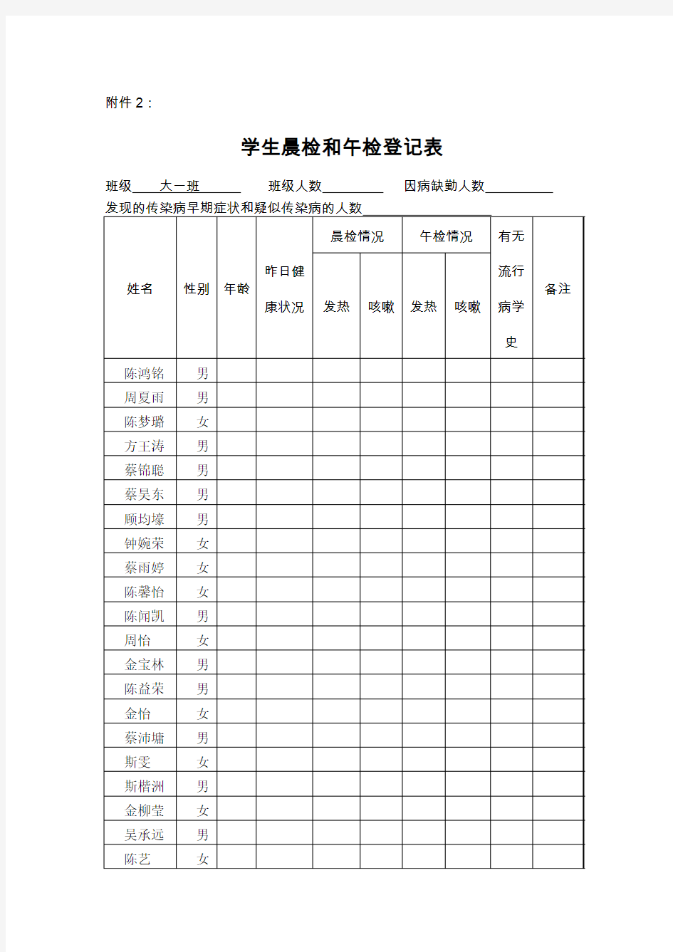 学生晨检和午检登记表